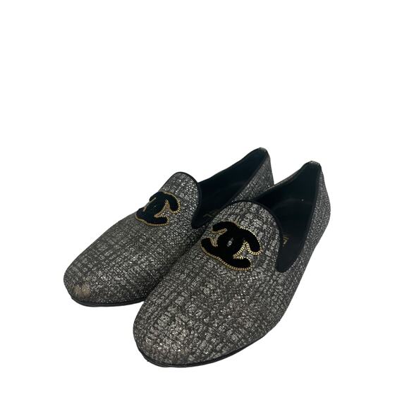 CHANEL Silver/Black Tweed Interlocking CC Logo Accent Loafers Flats Size 37 US 7 - Picture 3 of 10